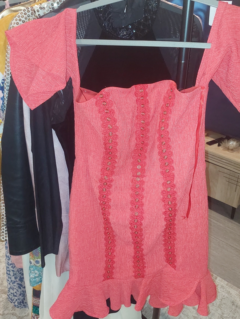 Red Dress By Saints + Secrets, midi Off Shoulders and Ruffle Bottom